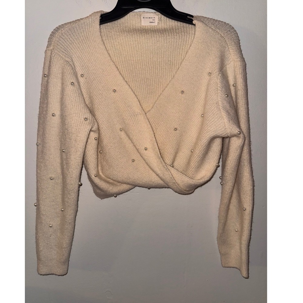 Dreamers by Debut Cream Faux Pearl Embellished Wrap Cropped Sweater Small